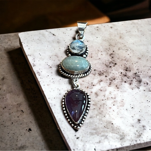Amethyst, Aquamarine & Rainbow 🌈 Moonstone Handcrafted Pendant NWOT - Picture 3 of 17